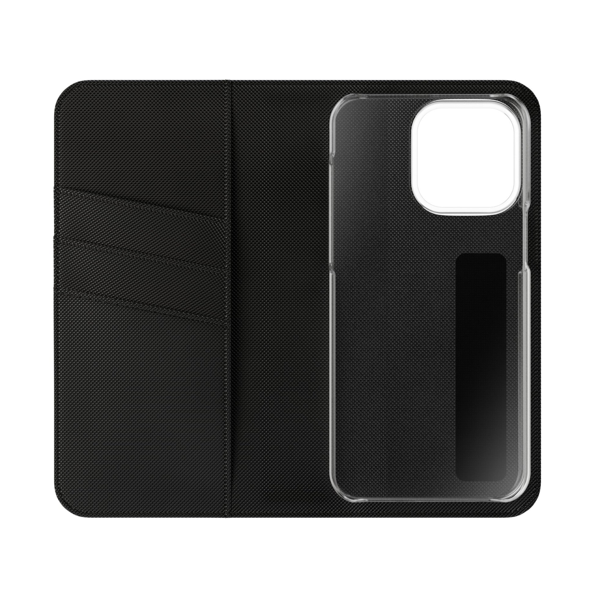 Obsidian Vein Wallet Phone Case - Black & White Marble - Flip Cover for iPhone 15 Pro Max