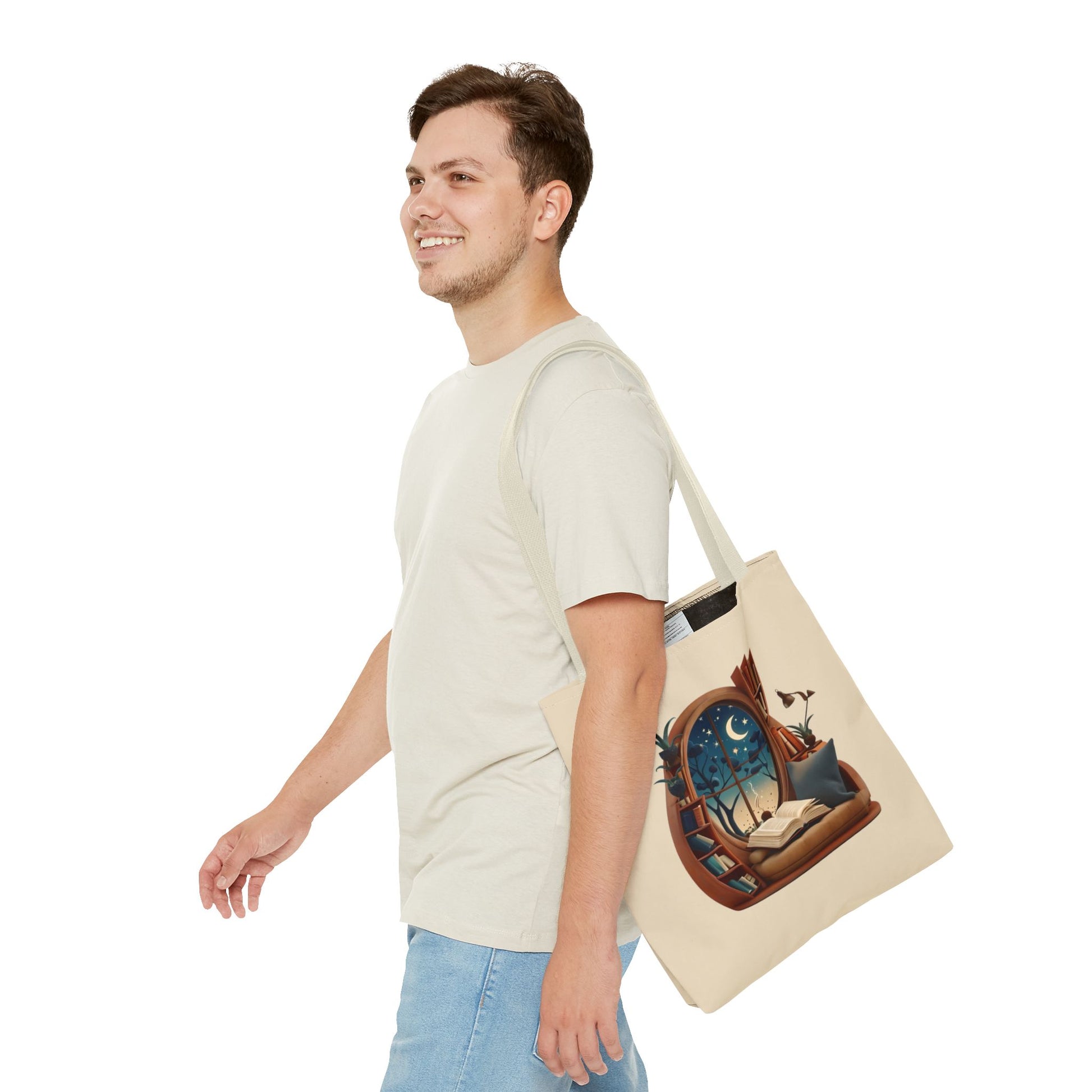 Starlit Sanctuary Canvas Tote Bag (16x16 & 18x18) - Cozy Reading Nook Design Eco-Friendly Shopping Bag