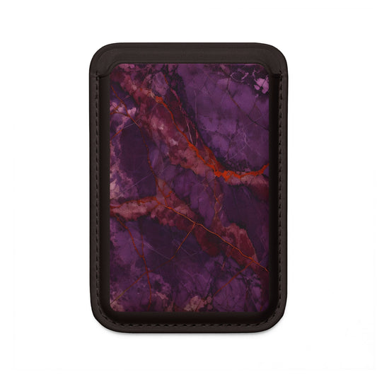 Amethyst Current purple marble MagSafe card holder with violet and red veining, shown on black magnetic wallet attached to compatible iPhone case.