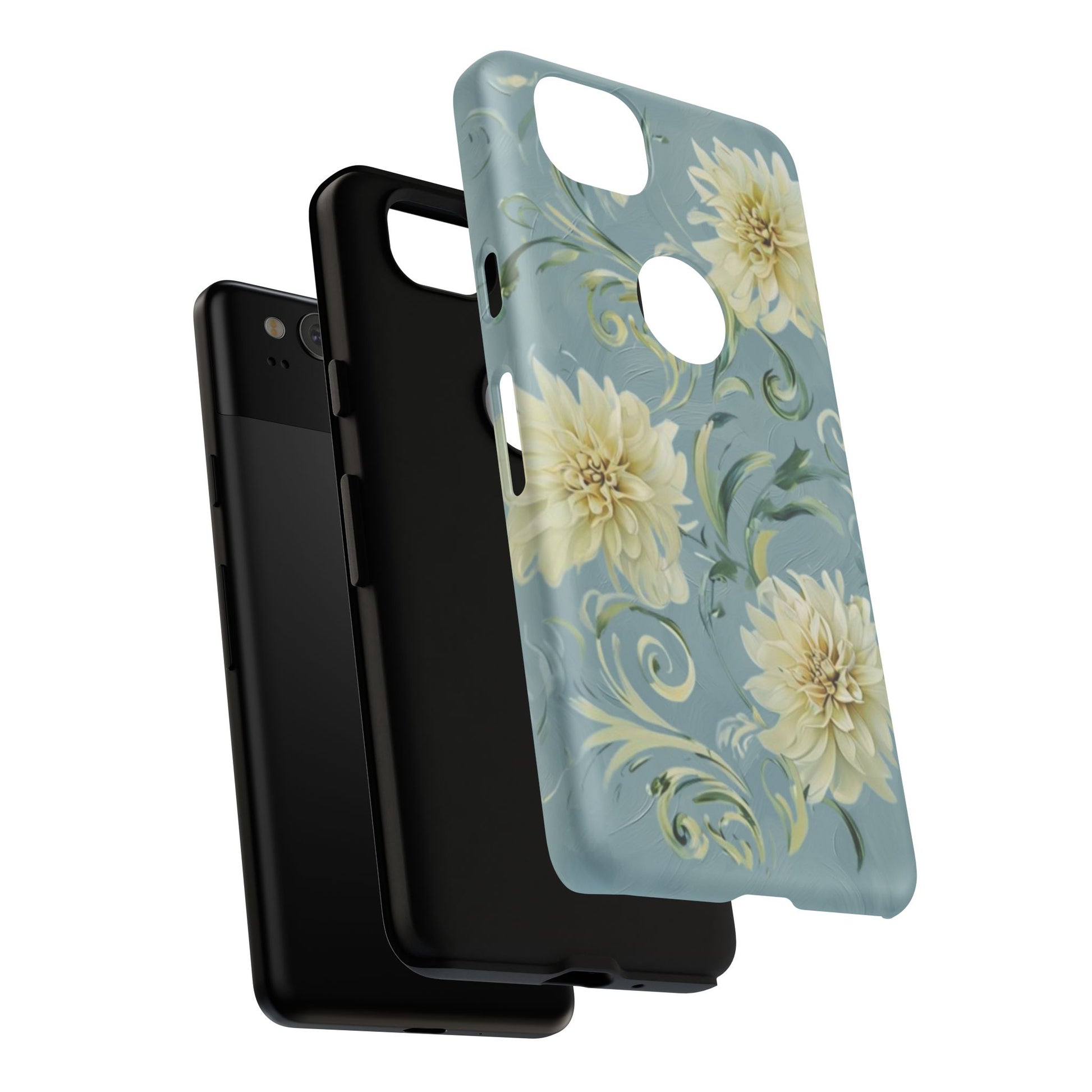 Golden Dahlia Trio - Elegant Floral Google Pixel 2 Tough Phone Case - Artistic White & Blue Dahlia Design