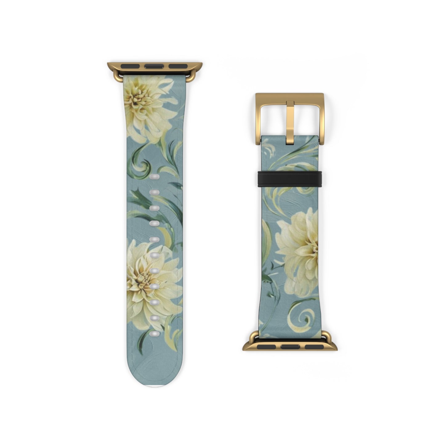 Golden Dahlia Trio Apple Watch band strap with gold clasp featuring detailed golden dahlia flower pattern