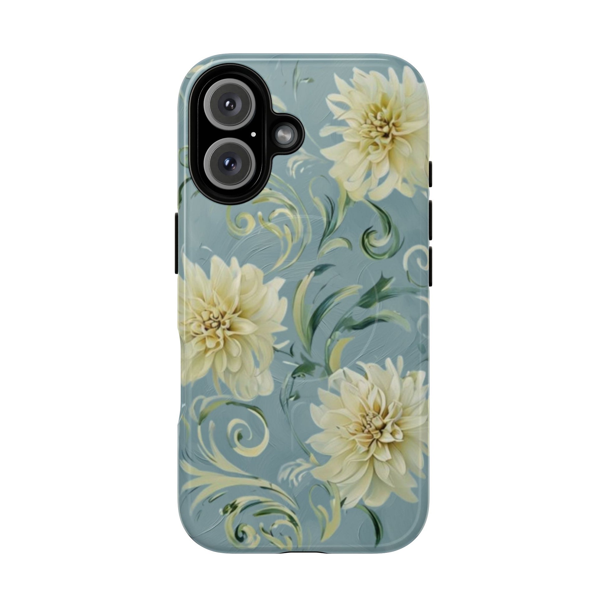 Golden Dahlia Trio - Elegant Floral iPhone 16 MagSafe Phone Case - Artistic White & Blue Dahlia Design