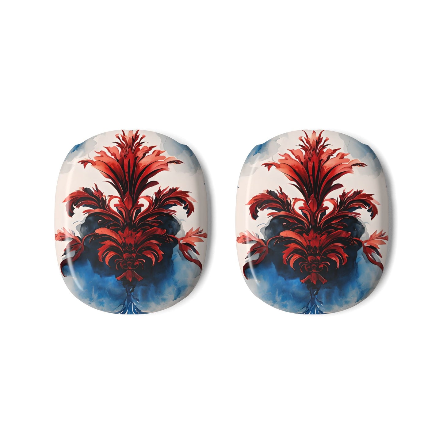 Crimson Plume AirPods Max ear cup covers with red plume design over white and deep blue abstract base, flat product view