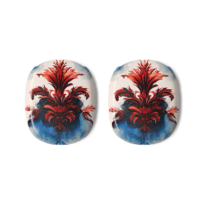 Crimson Plume AirPods Max ear cup covers with red plume design over white and deep blue abstract base, flat product view