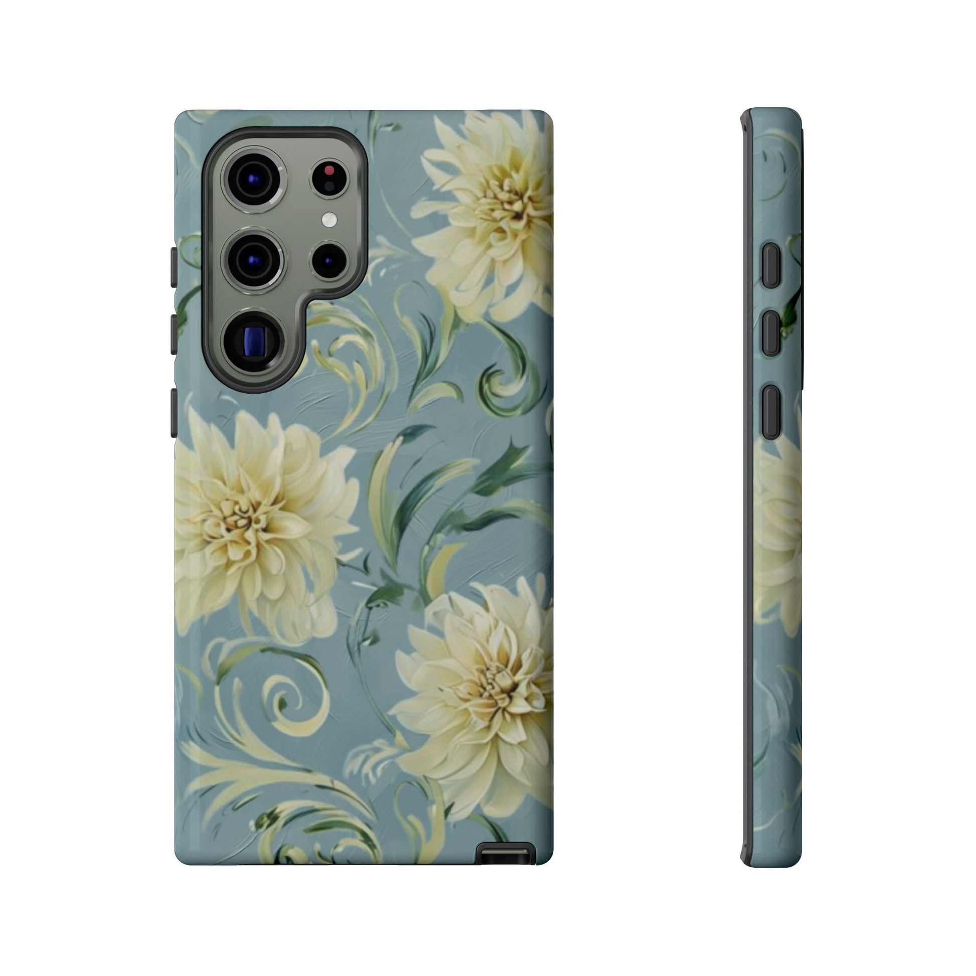 Golden Dahlia Trio Samsung Galaxy tough case with three soft gold dahlia flowers on muted blue background, back and side view