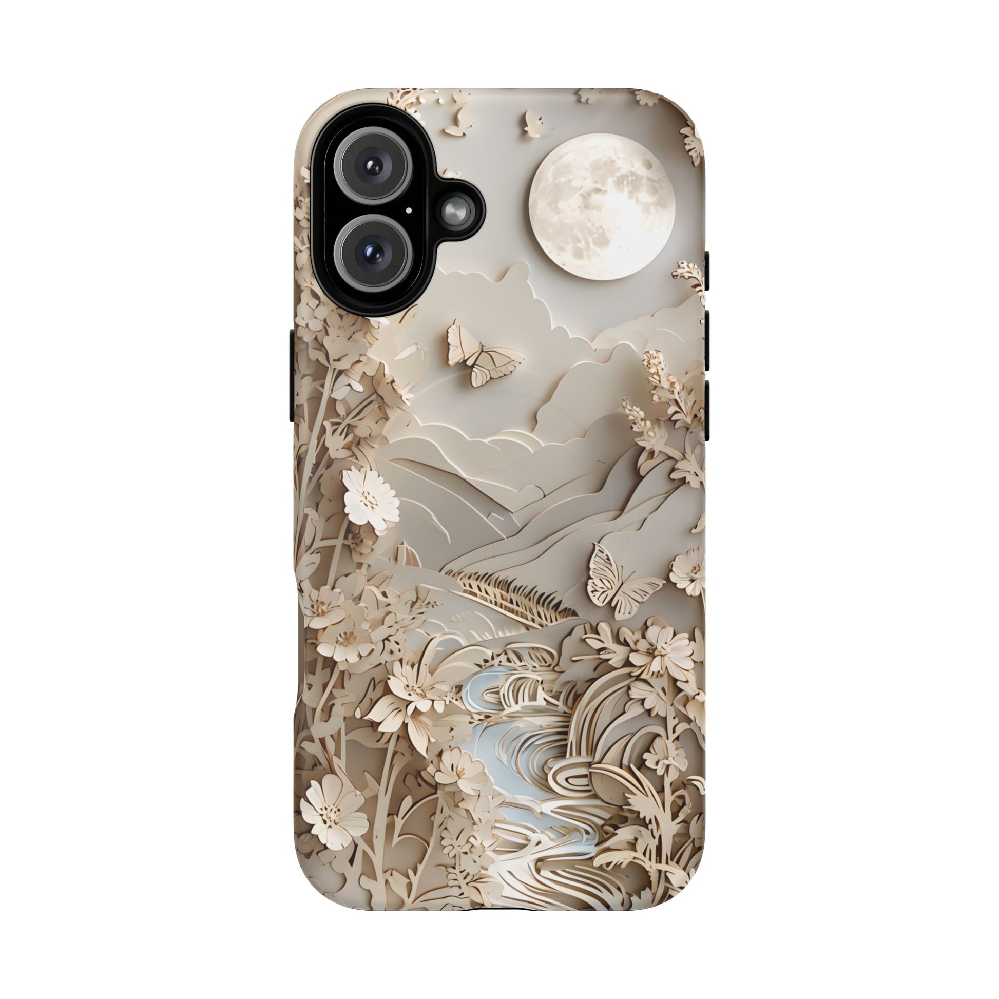 Moonlit Garden - Elegant Neutral Floral iPhone 16 Plus MagSafe Phone Case - Painterly Botanical & Moon Design
