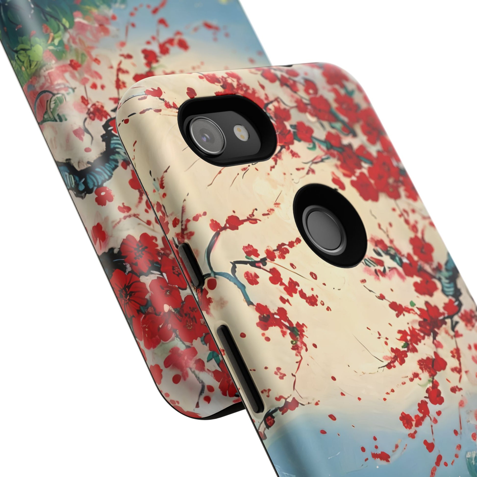 Crimson Blossom Lake - Artistic Floral Landscape Google Pixel 3a XL Tough Phone Case - Red Cherry Blossoms & Serene Lake Design