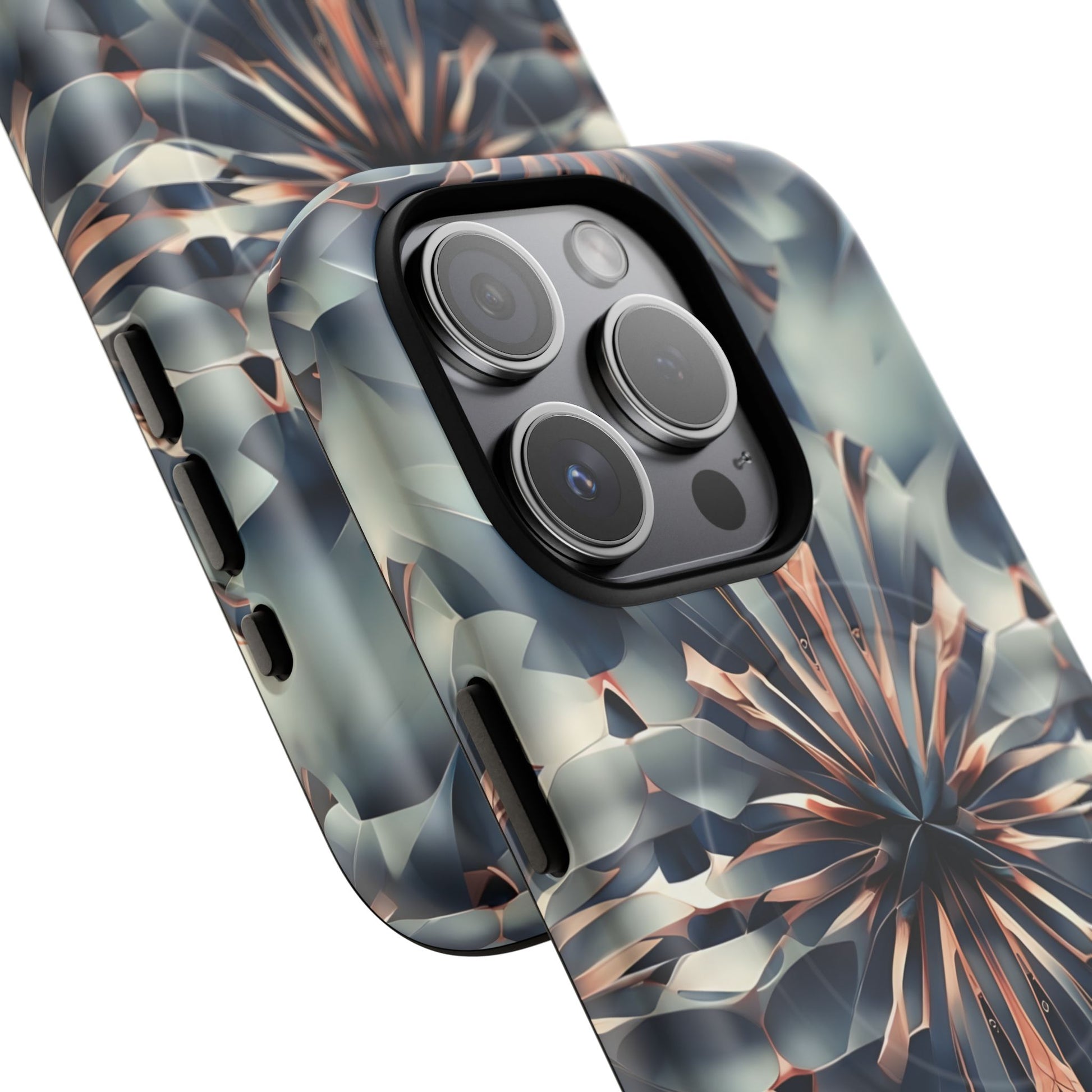 Obsidian Kaleidoscope Artistic Floral Burst - iPhone 15 Pro MagSafe Phone Case -Blue, Peach and Silver Symmetrical Design