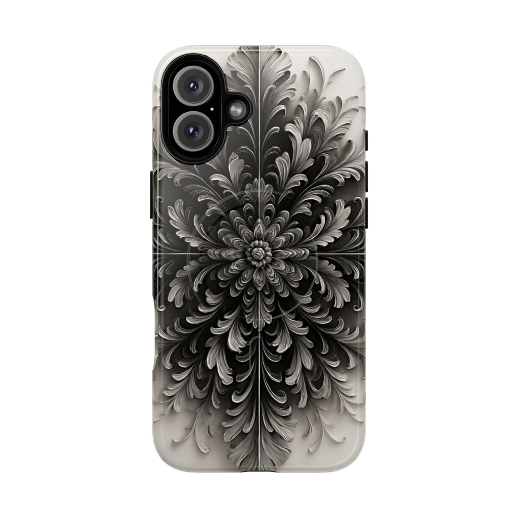 Obsidian Bloom - Elegant Black & White iPhone 16 Plus MagSafe Phone Case - Intricate Mandala Flower Design