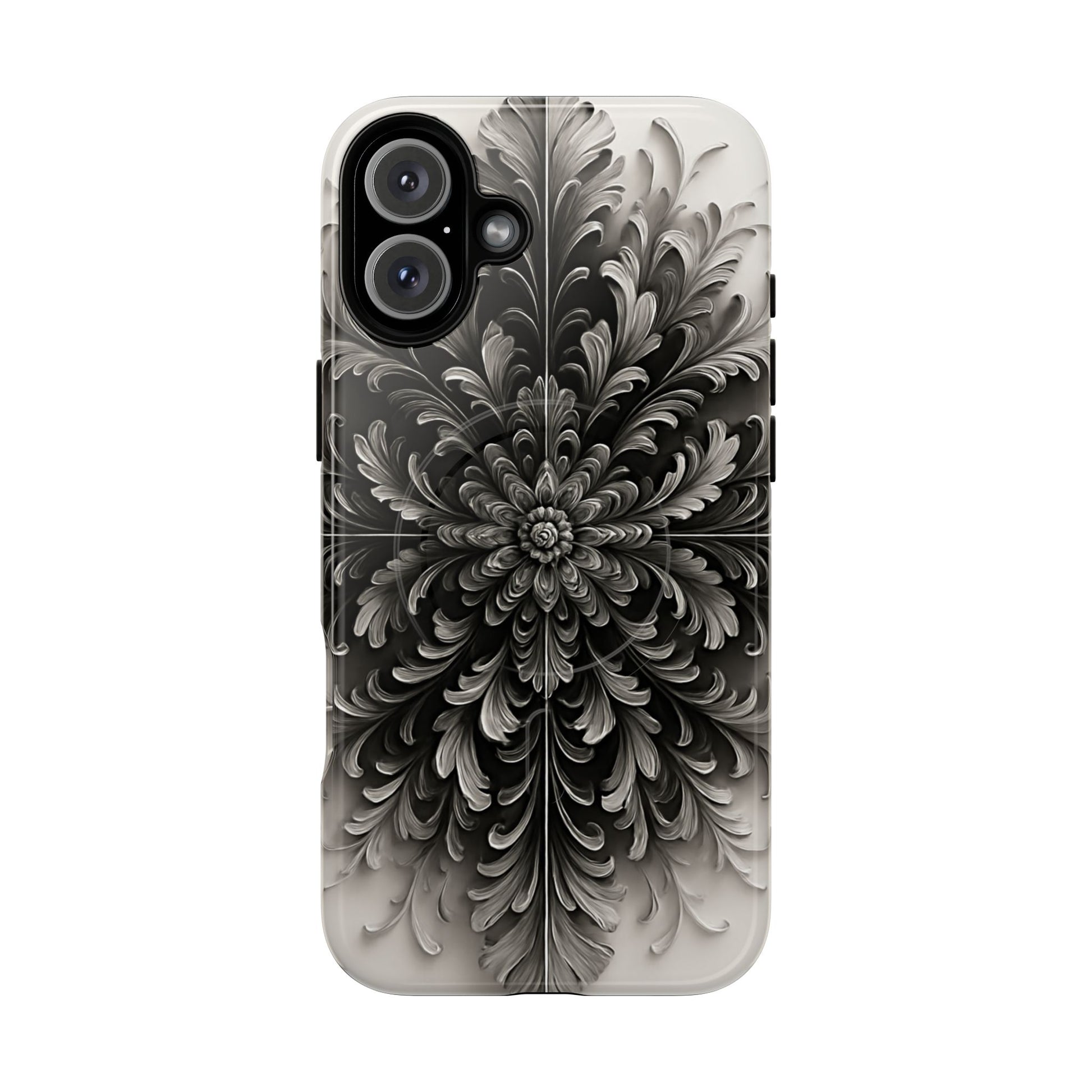 Obsidian Bloom - Elegant Black & White iPhone 16 Plus MagSafe Phone Case - Intricate Mandala Flower Design