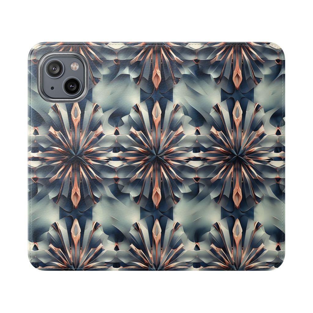 Obsidian Kaleidoscope iPhone 14 Wallet Case - Elegant Abstract Flip Cover with Card Slots
