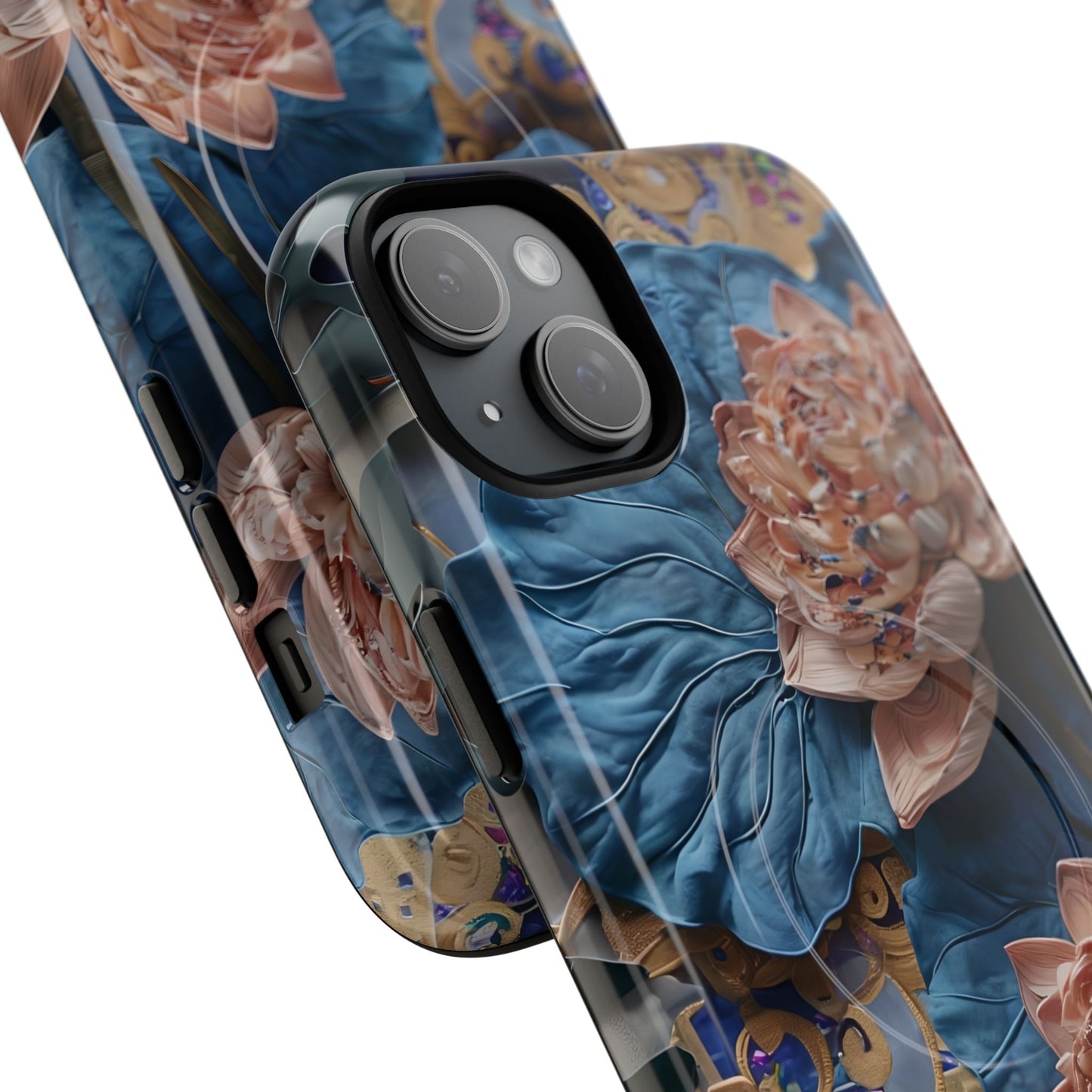 Peony Midnight Tapestry - iPhone Case- MagSafe Compatible - Elegant Blue & Blush Artful Phone Cover