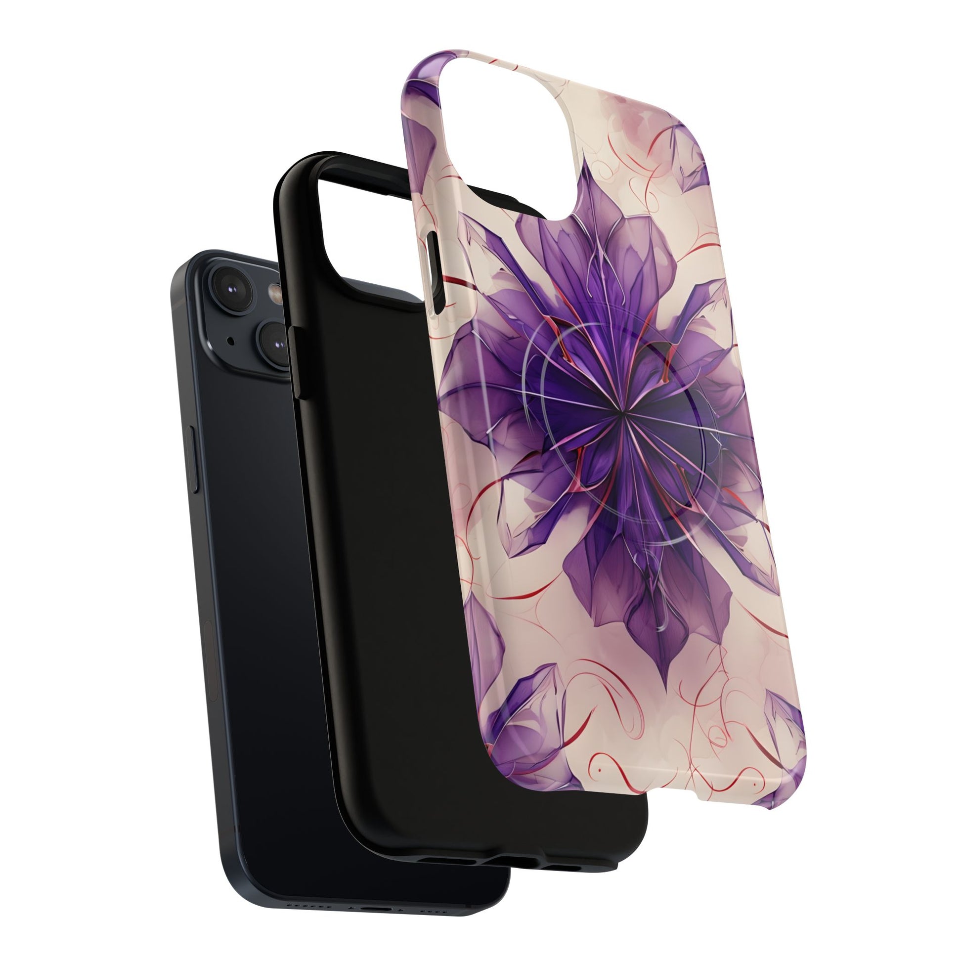 Violet Reverie - Kaleidoscope Collection Artistic Floral Burst - iPhone 14 Plus MagSafe Phone Case - Bold Purple Symmetrical Design