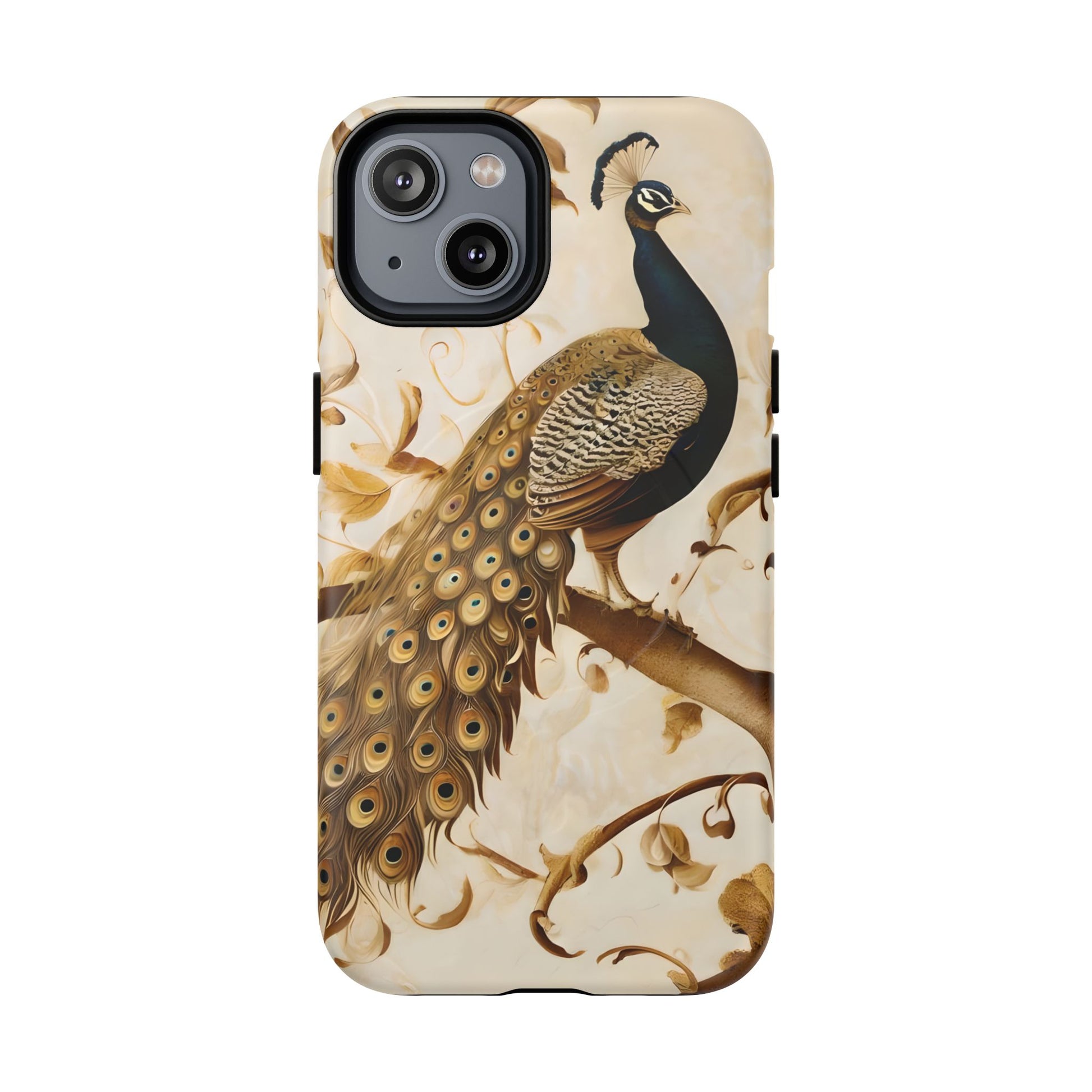 Golden Plumage - Luxe Peacock Art iPhone 14 Phone Case - MagSafe Compatible - Elegant Gold & Cream Design
