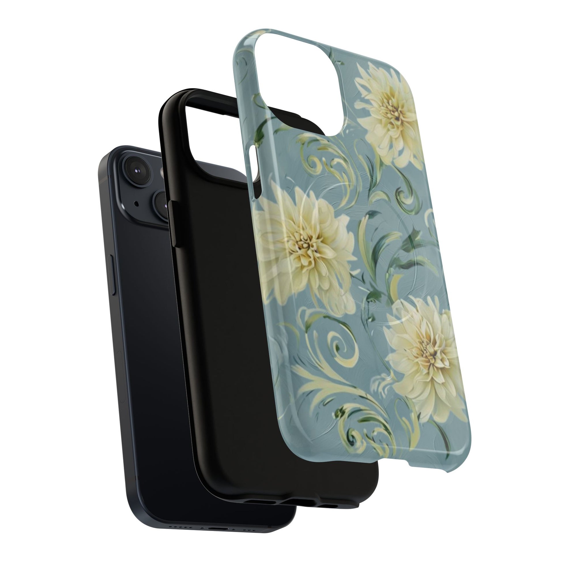 Golden Dahlia Trio - Elegant Floral iPhone 14 MagSafe Phone Case - Artistic White & Blue Dahlia Design