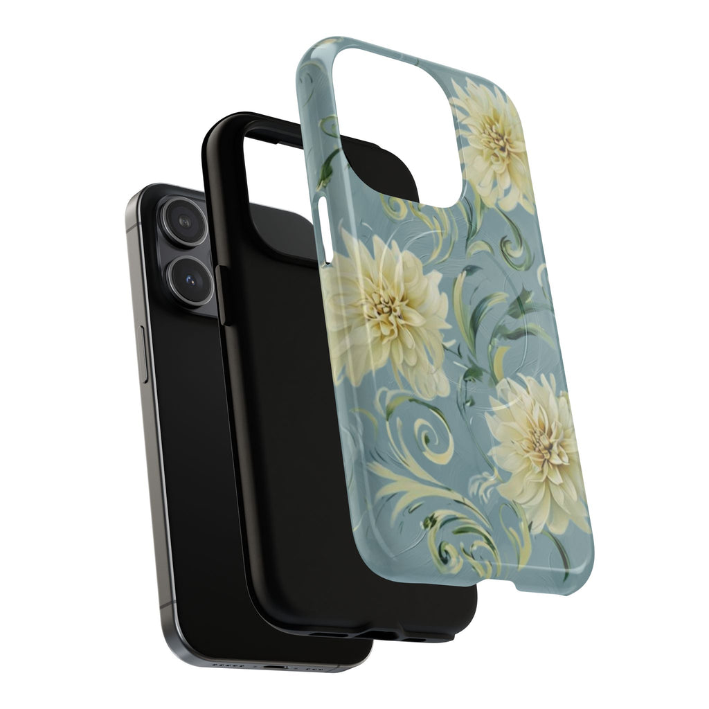 Golden Dahlia Trio - Elegant Floral iPhone 15 Pro MagSafe Phone Case - Artistic White & Blue Dahlia Design