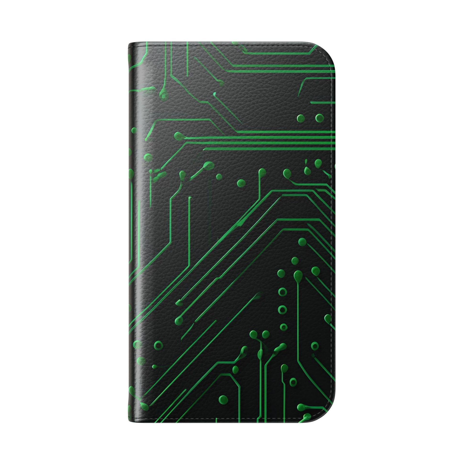 Green Circuit Grid Wallet Phone Case - Green & Black Computer Circuit Design - Flip Cover for iPhone 15 Pro