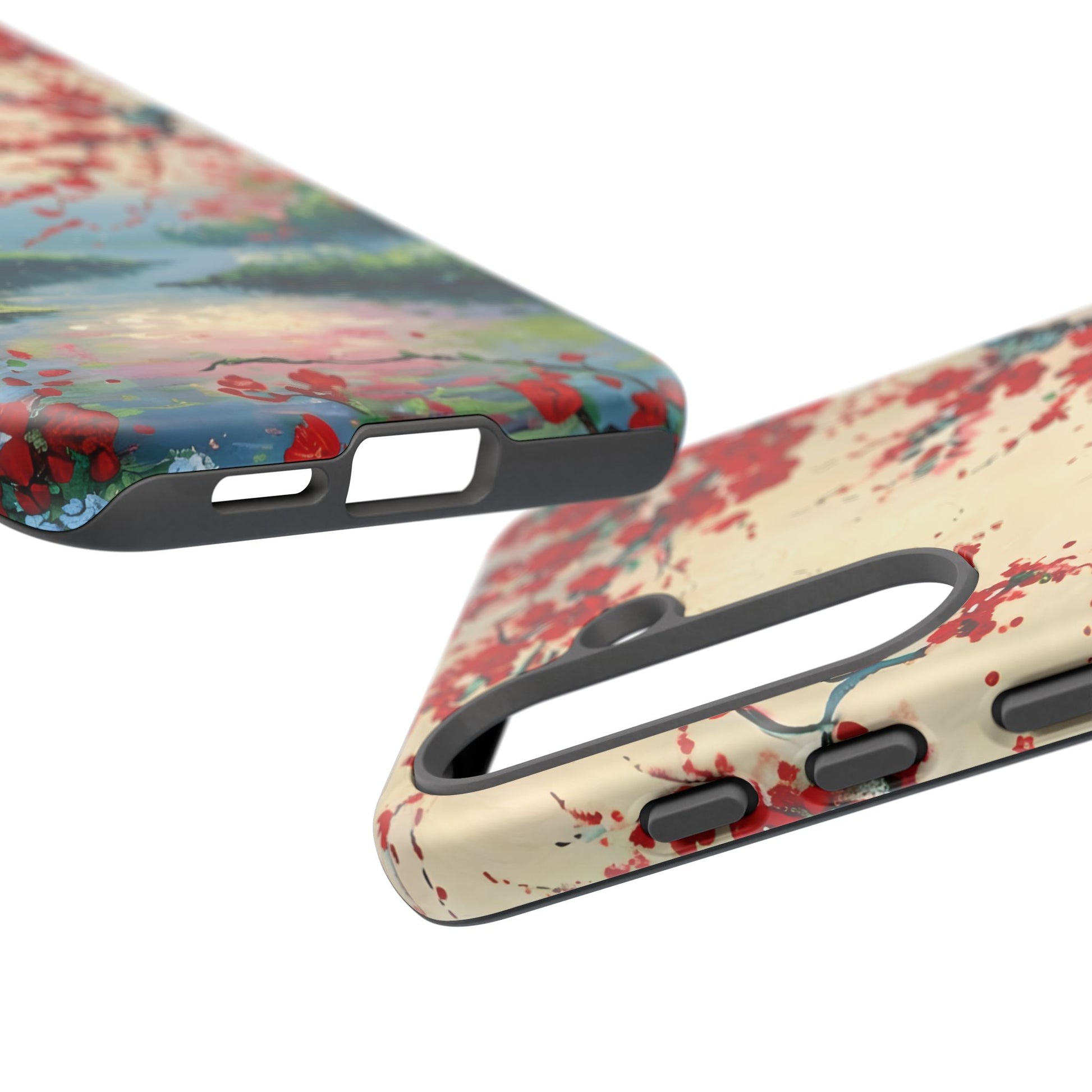 Crimson Blossom Lake - Artistic Floral Landscape Samsung Galaxy S25 Tough Phone Case - Red Cherry Blossoms & Serene Lake Design