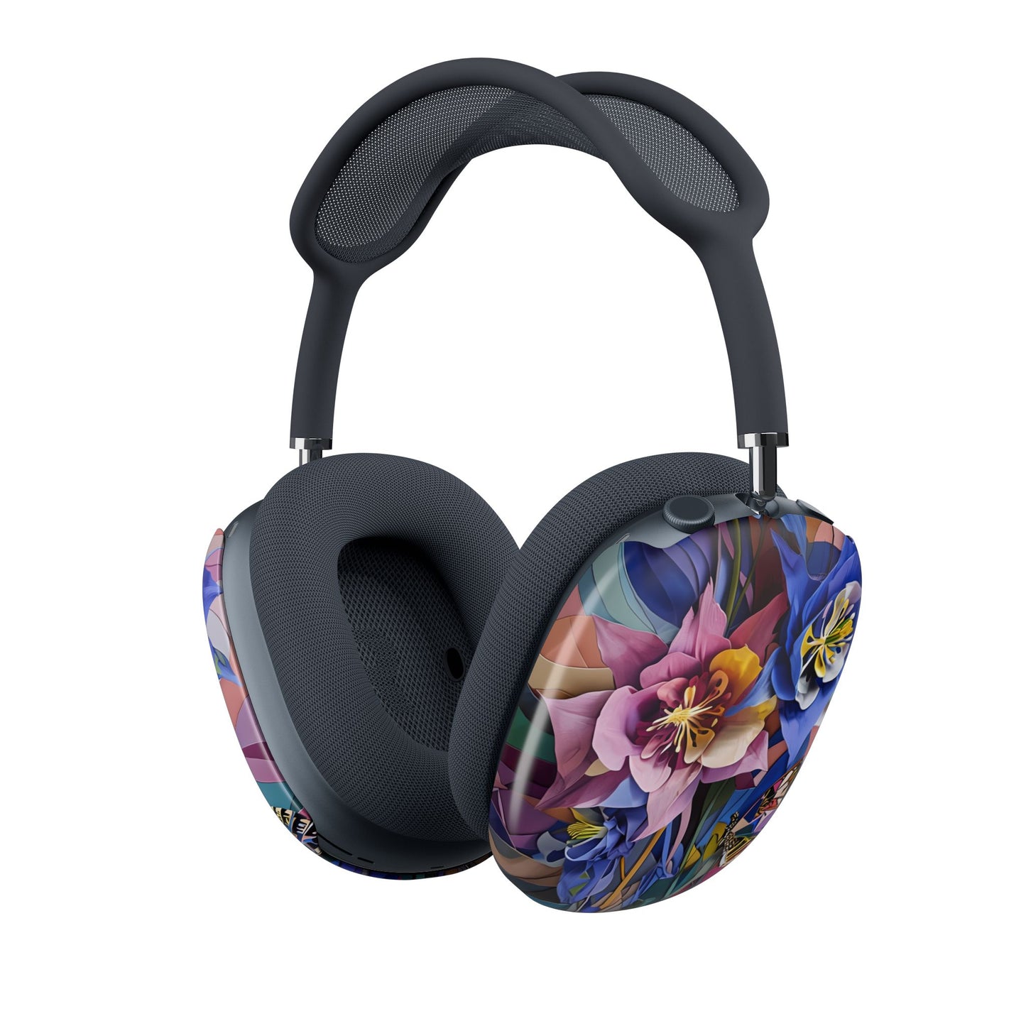 Blue Columbine Carnivale AirPods Max cover with vivid purple and blue columbine flowers, golden butterfly, and deep navy background, angled view on Apple AirPods Max headphones