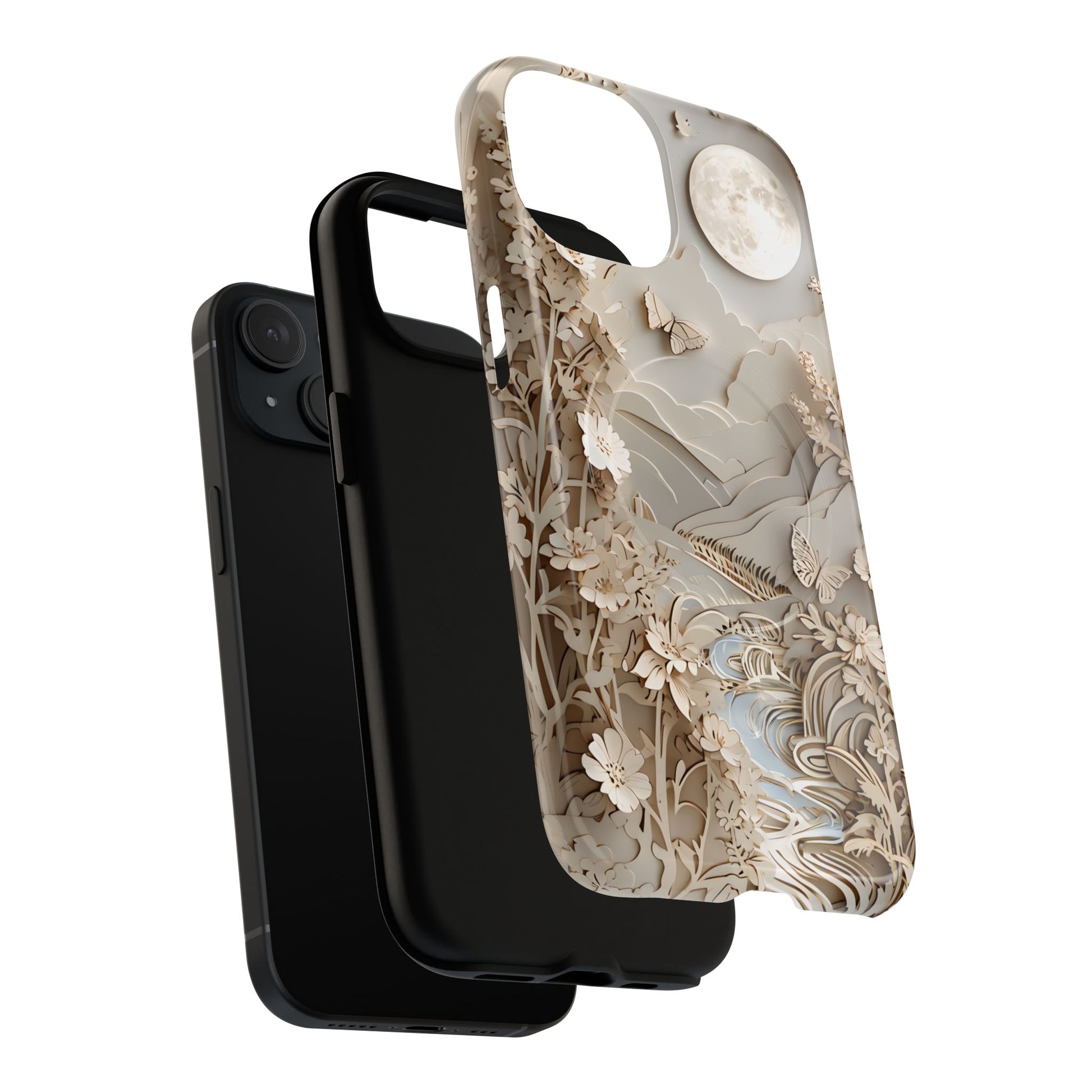 Moonlit Garden - Elegant Neutral Floral iPhone 15 MagSafe Phone Case - Painterly Botanical & Moon Design