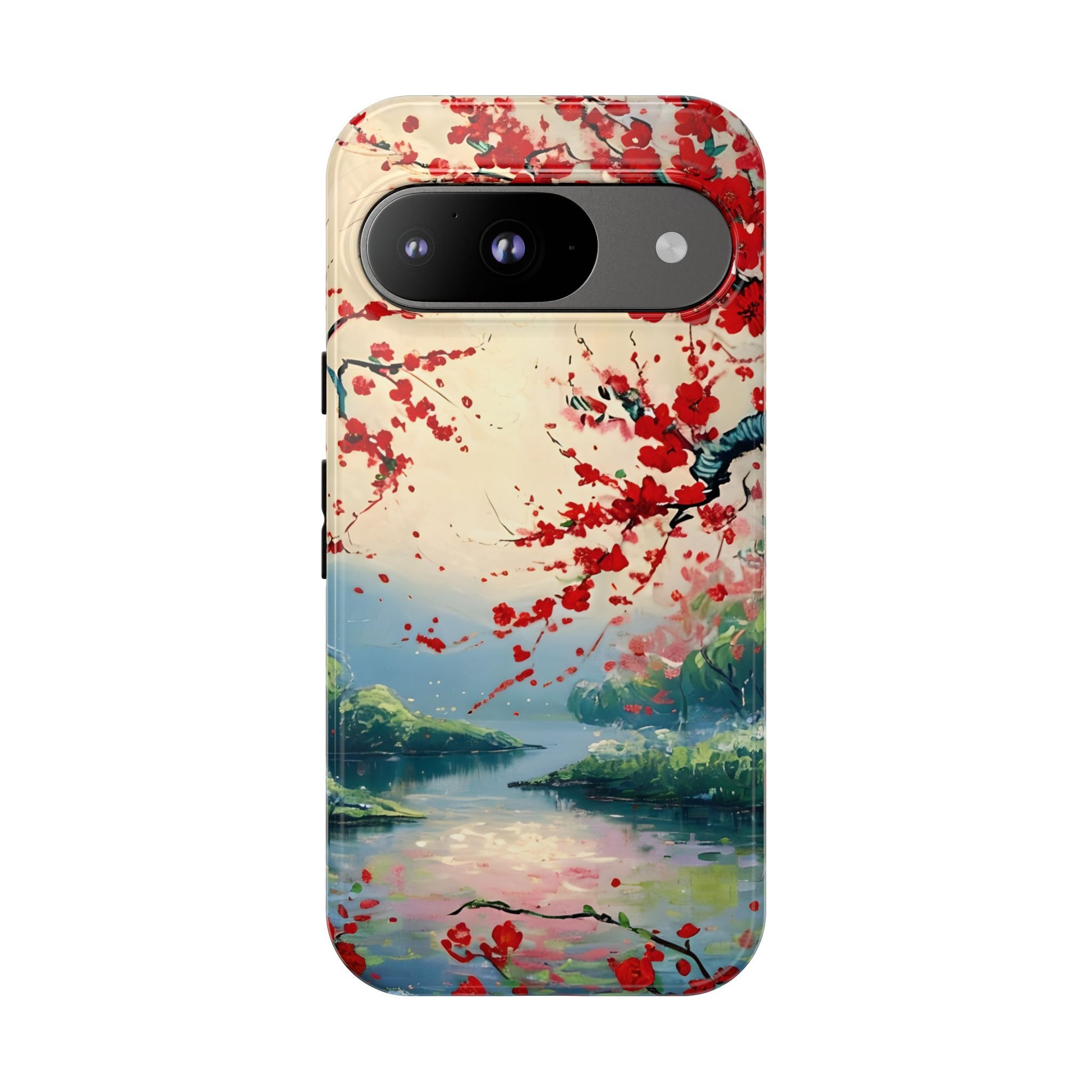 Crimson Blossom Lake - Artistic Floral Landscape Google Pixel 9 Tough Phone Case - Red Cherry Blossoms & Serene Lake Design
