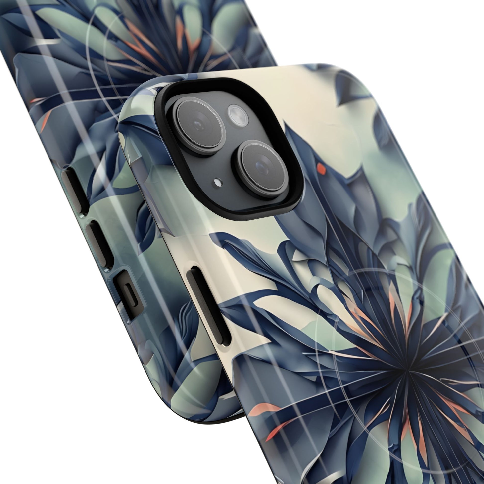 Frosted Indigo Bloom - Artistic Kaleidoscope Collection Artistic Floral - iPhone 15 Plus MagSafe Phone Case -Blue Symmetrical Design