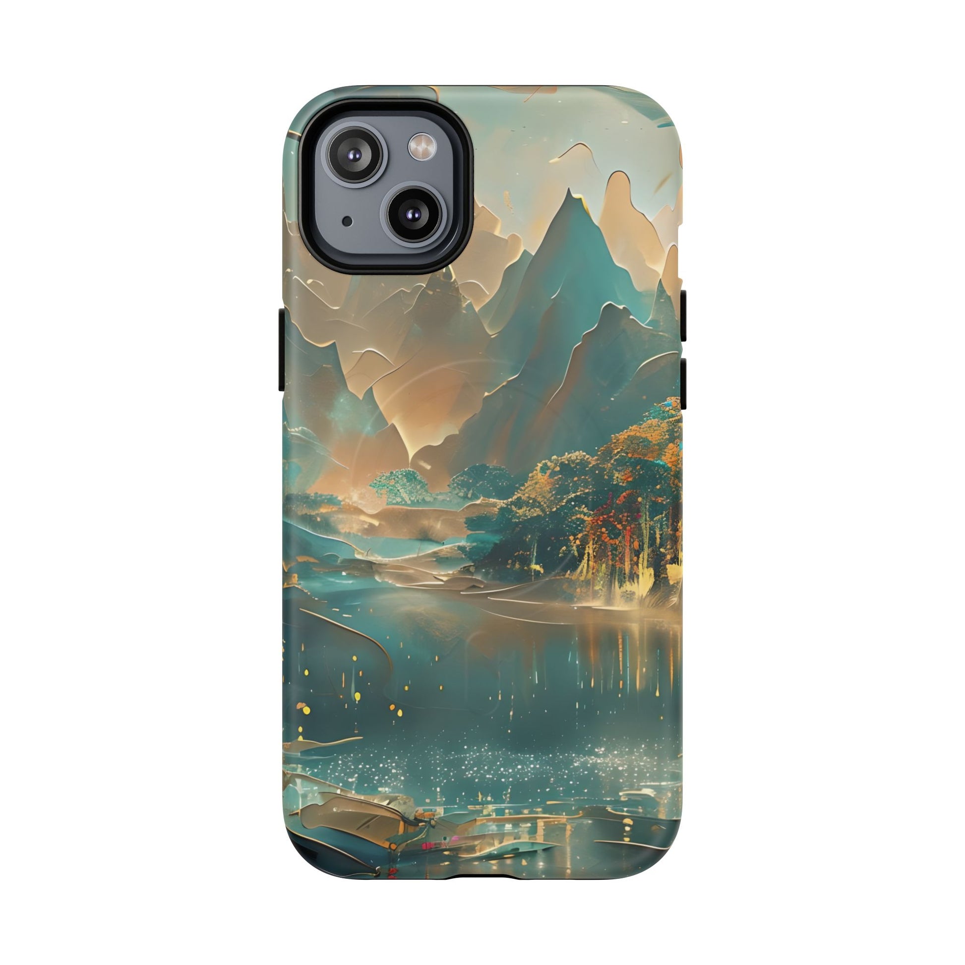 Misty Horizon - Serene Landscape Art iPhone 14 Plus MagSafe Phone Case - Tranquil Mountain & Lake Design