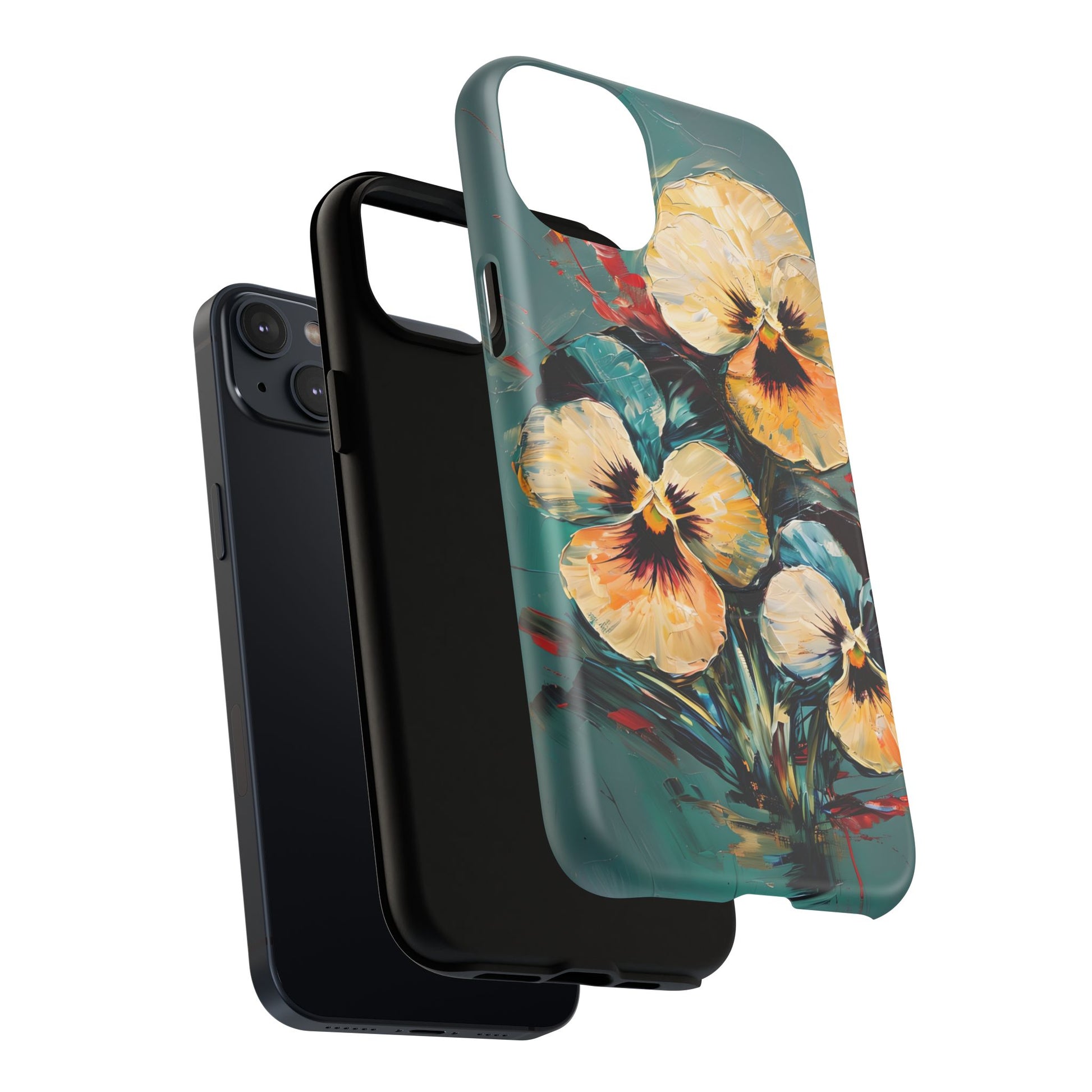 Golden Pansy Cascade - Elegant Floral iPhone 14 Plus MagSafe Case with Deep Teal Background