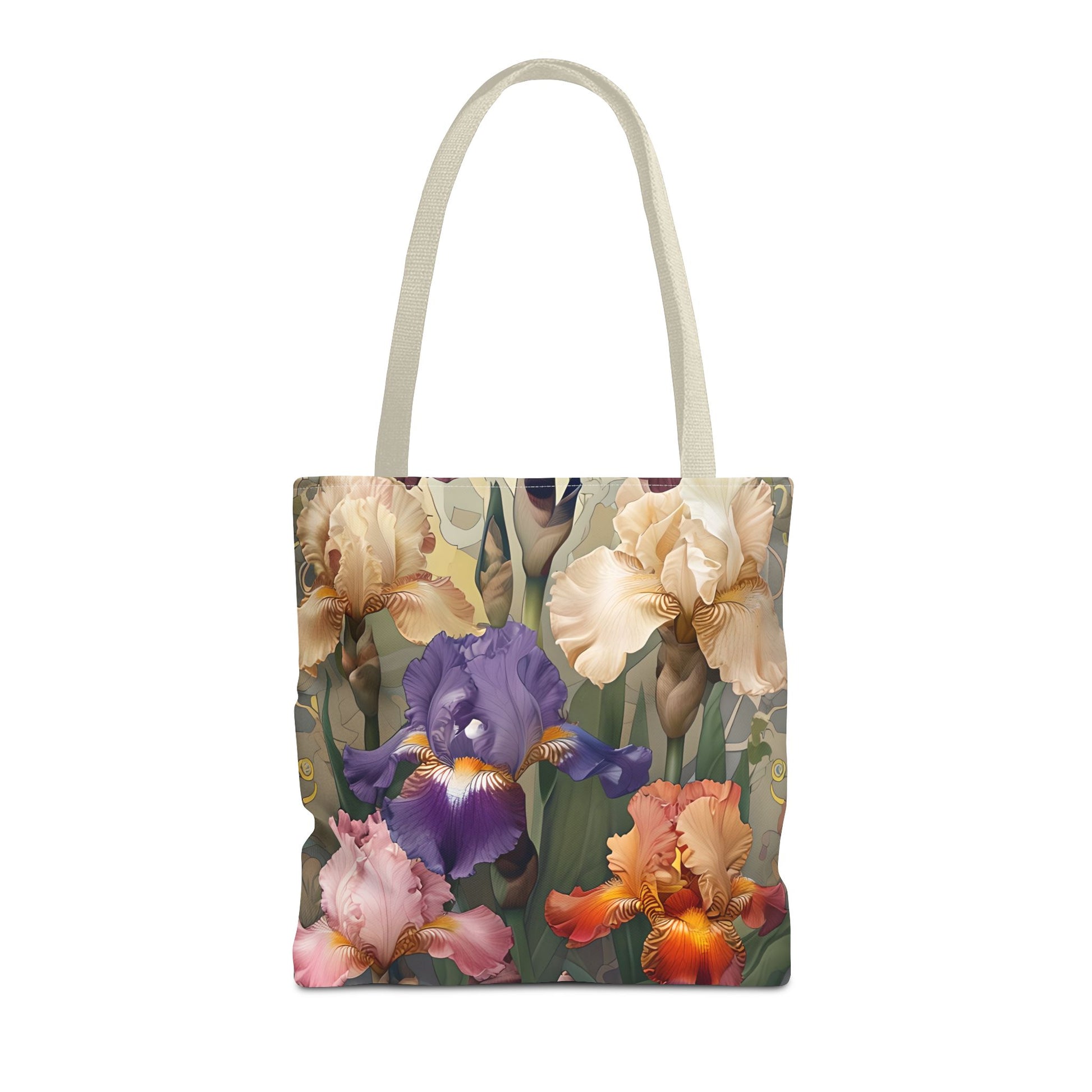 Iris Reverie canvas tote bag featuring colorful iris floral bouquet artwork with light beige handles