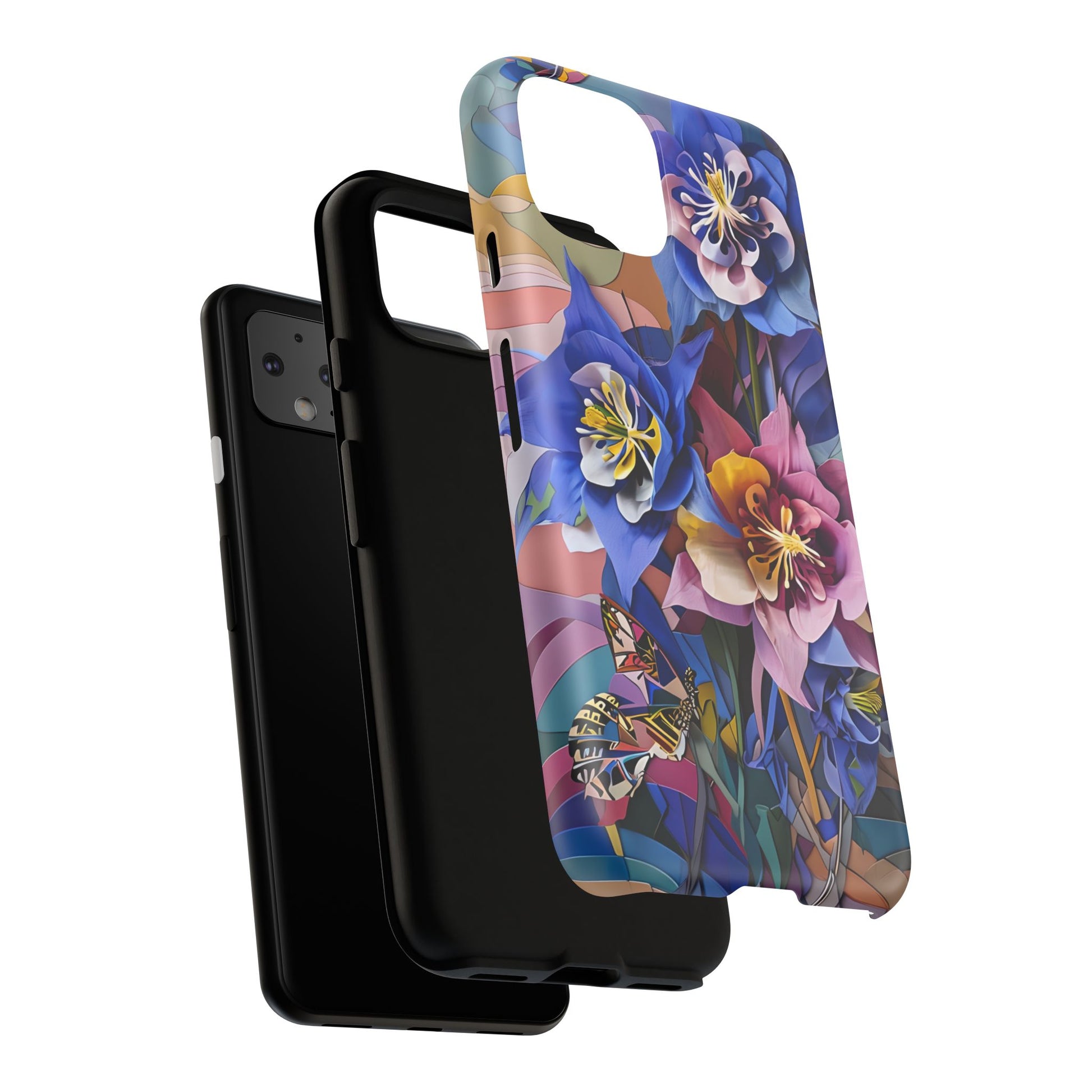 Blue Columbine Carnivale - Artistic Floral & Butterfly Google Pixel 4 Tough Phone Case - Vibrant Botanical Design