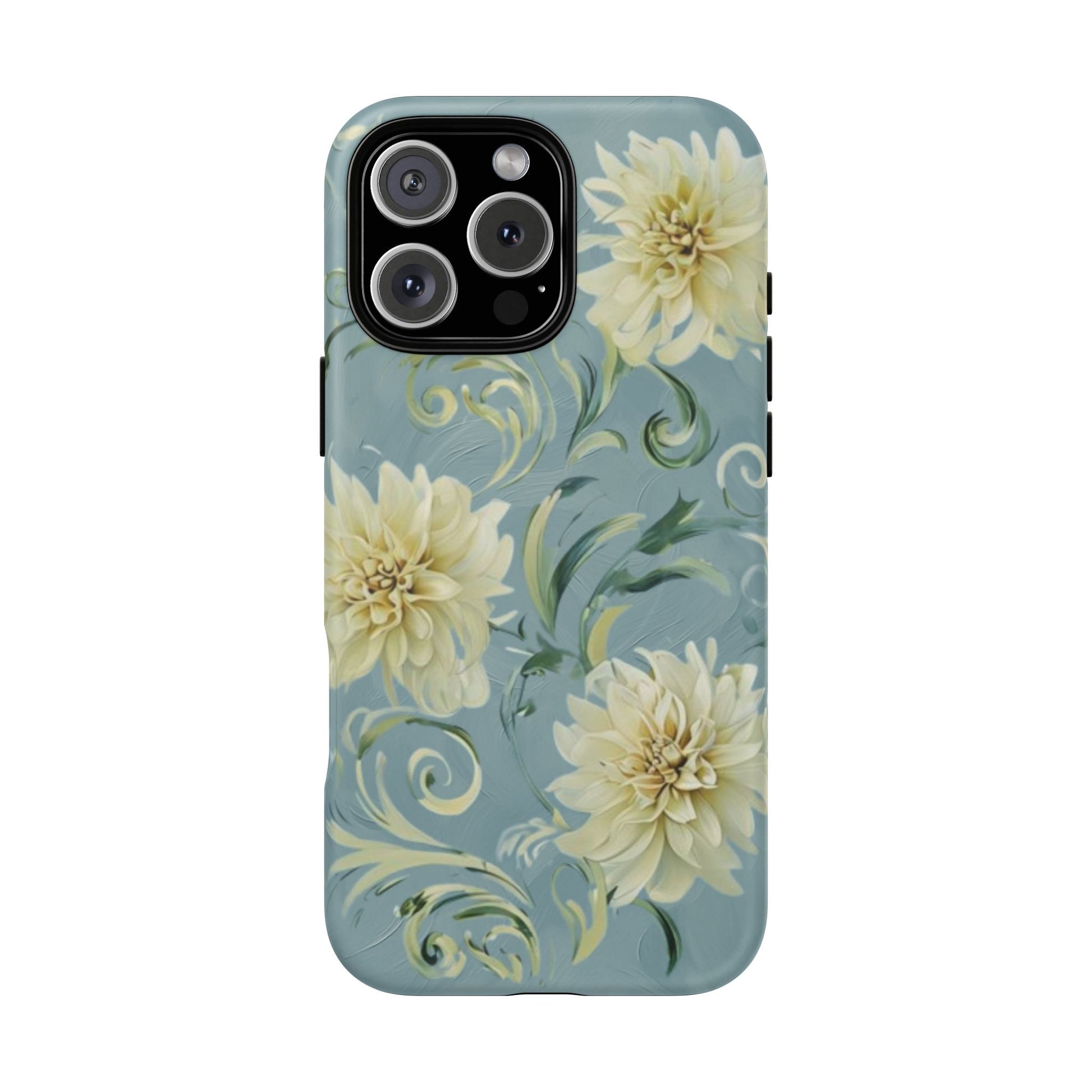 Golden Dahlia Trio - Elegant Floral iPhone 16 Pro Max MagSafe Phone Case - Artistic White & Blue Dahlia Design