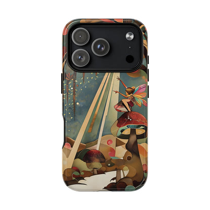 Enchanted Orchard fairy on mushroom in enchanted forest with sunlight rays iPhone MagSafe case with large camera cutout