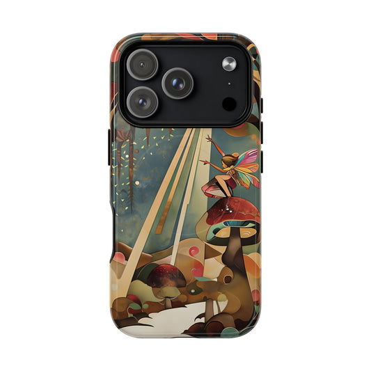Enchanted Orchard fairy on mushroom in enchanted forest with sunlight rays iPhone MagSafe case with large camera cutout