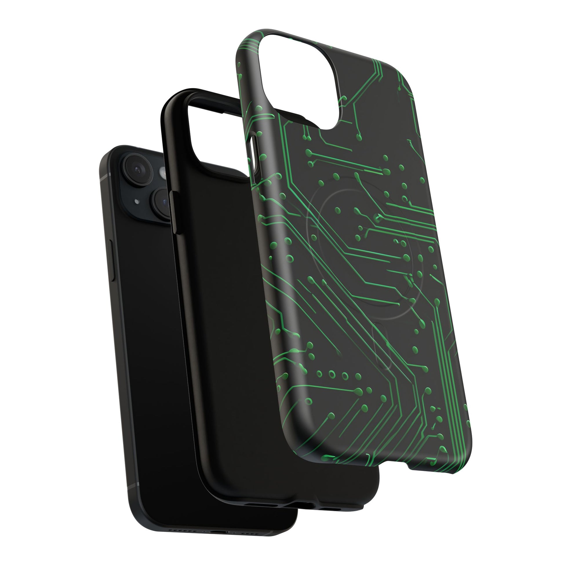 Green Circuit Grid iPhone 15 Plus MagSafe Compatible case- Tech-Inspired Shockproof Cover