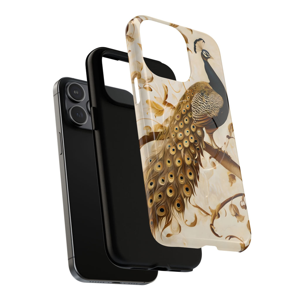 Golden Plumage - Luxe Peacock Art iPhone 15 Pro Max Phone Case - MagSafe Compatible - Elegant Gold & Cream Design