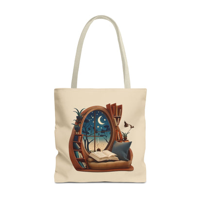 Starlit Sanctuary Canvas Tote Bag (16x16 & 18x18) - Cozy Reading Nook Design Eco-Friendly Shopping Bag