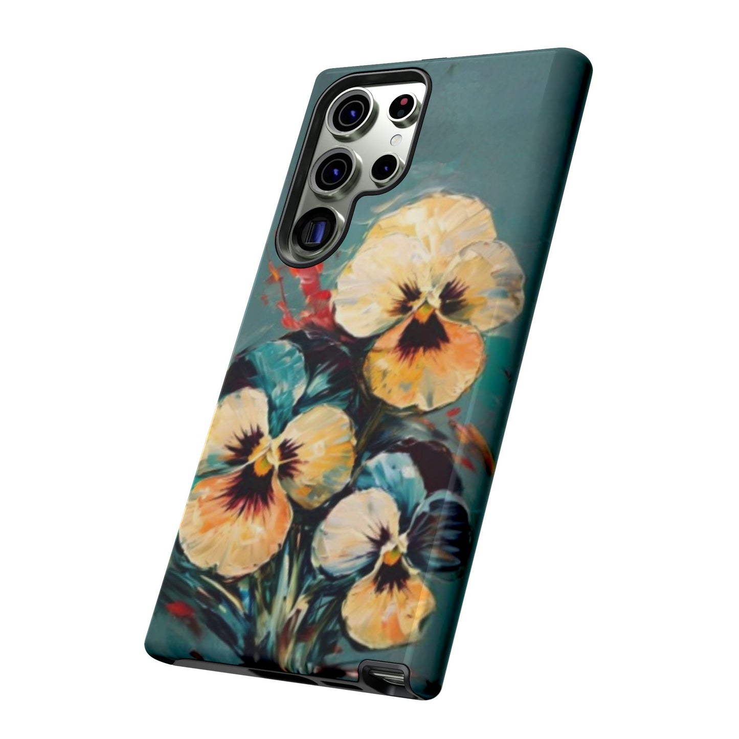 Golden Pansy Cascade yellow pansy floral artwork Samsung Galaxy phone case angled view