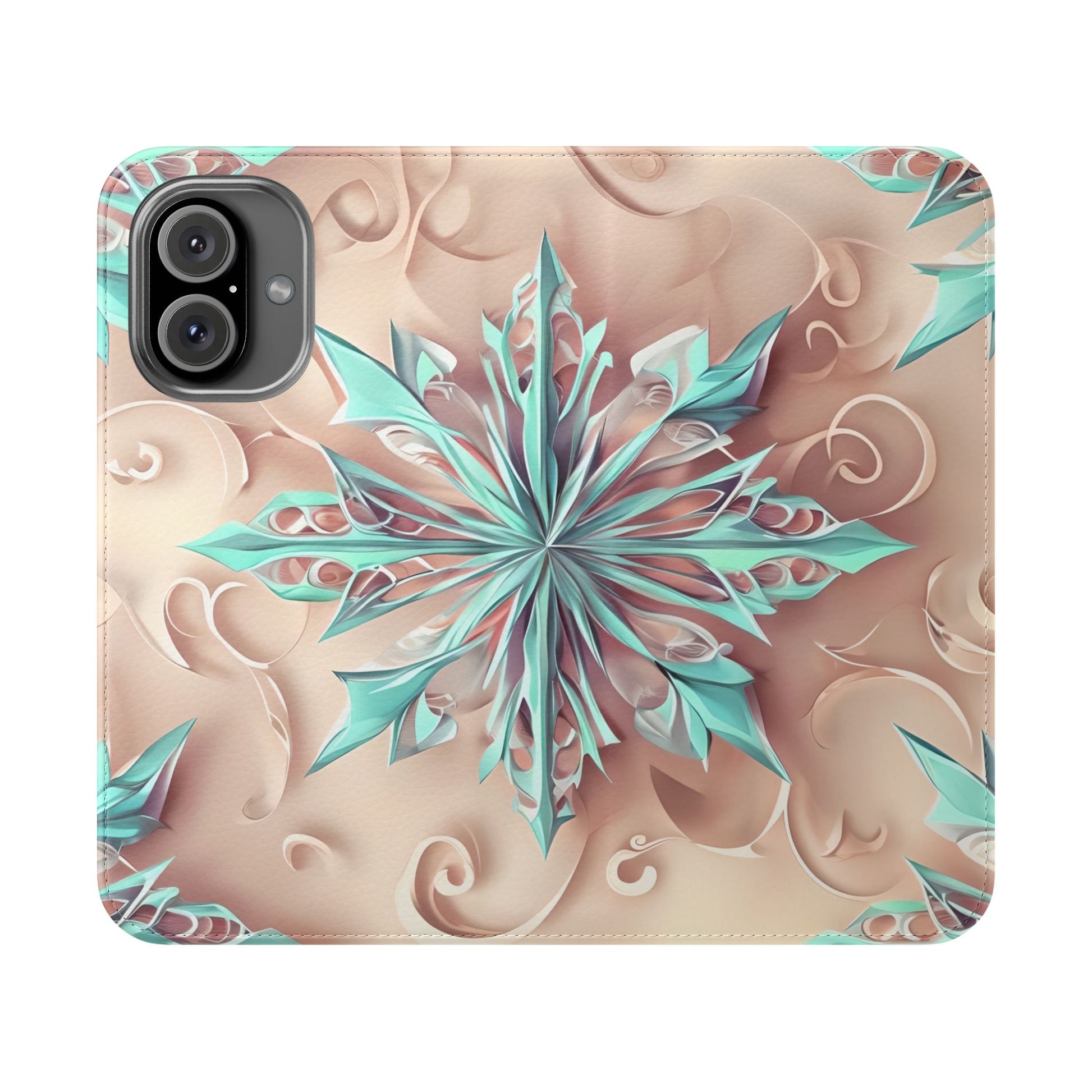 Frosted Petals iPhone 16 Wallet Case - Soft Floral Kaleidoscope Design in Blush & Aqua