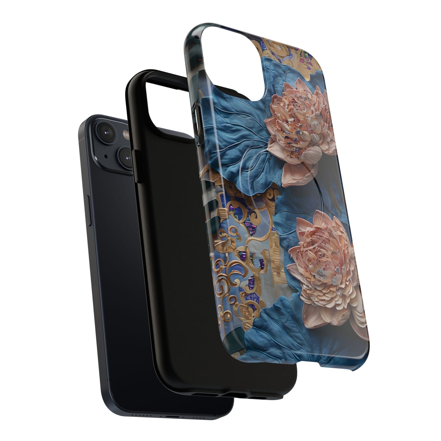 Peony Midnight Tapestry - iPhone Case- MagSafe Compatible - Elegant Blue & Blush Artful Phone Cover
