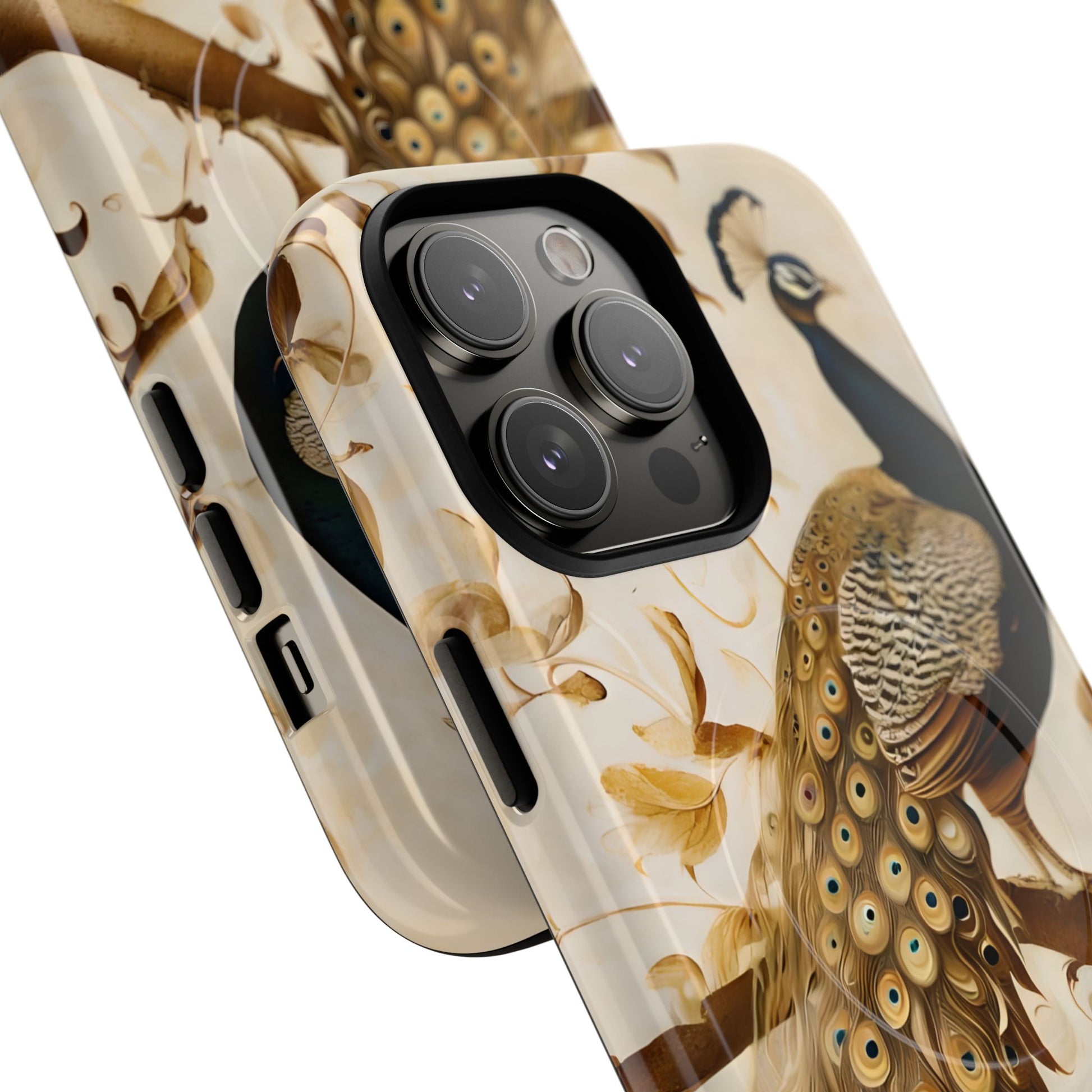 Golden Plumage - Luxe Peacock Art iPhone 14 Pro Max Phone Case - MagSafe Compatible - Elegant Gold & Cream Design
