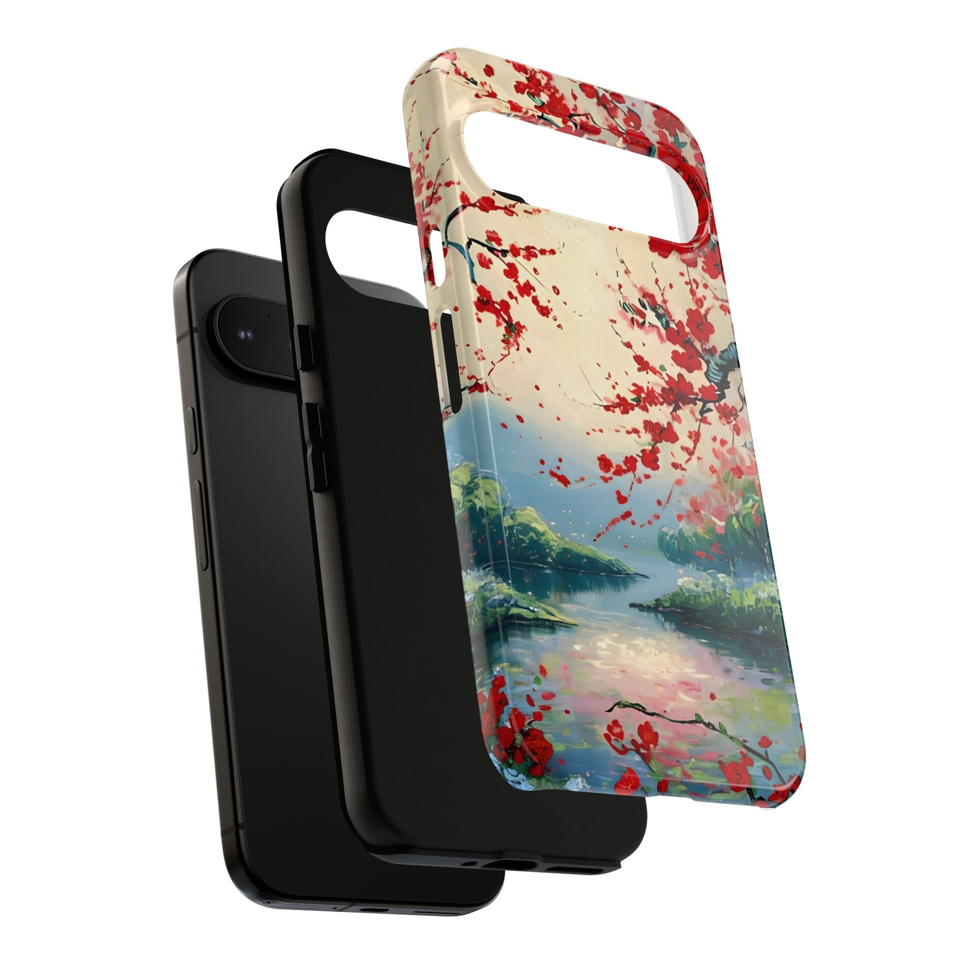 Crimson Blossom Lake - Artistic Floral Landscape Google Pixel 9 Pro XL Tough Phone Case - Red Cherry Blossoms & Serene Lake Design