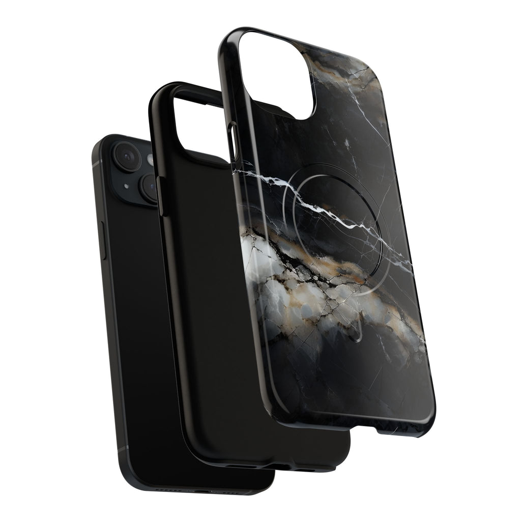 Obsidian Vein iPhone 15 Plus MagSafe Phone Case -Black Neutral Marble Design