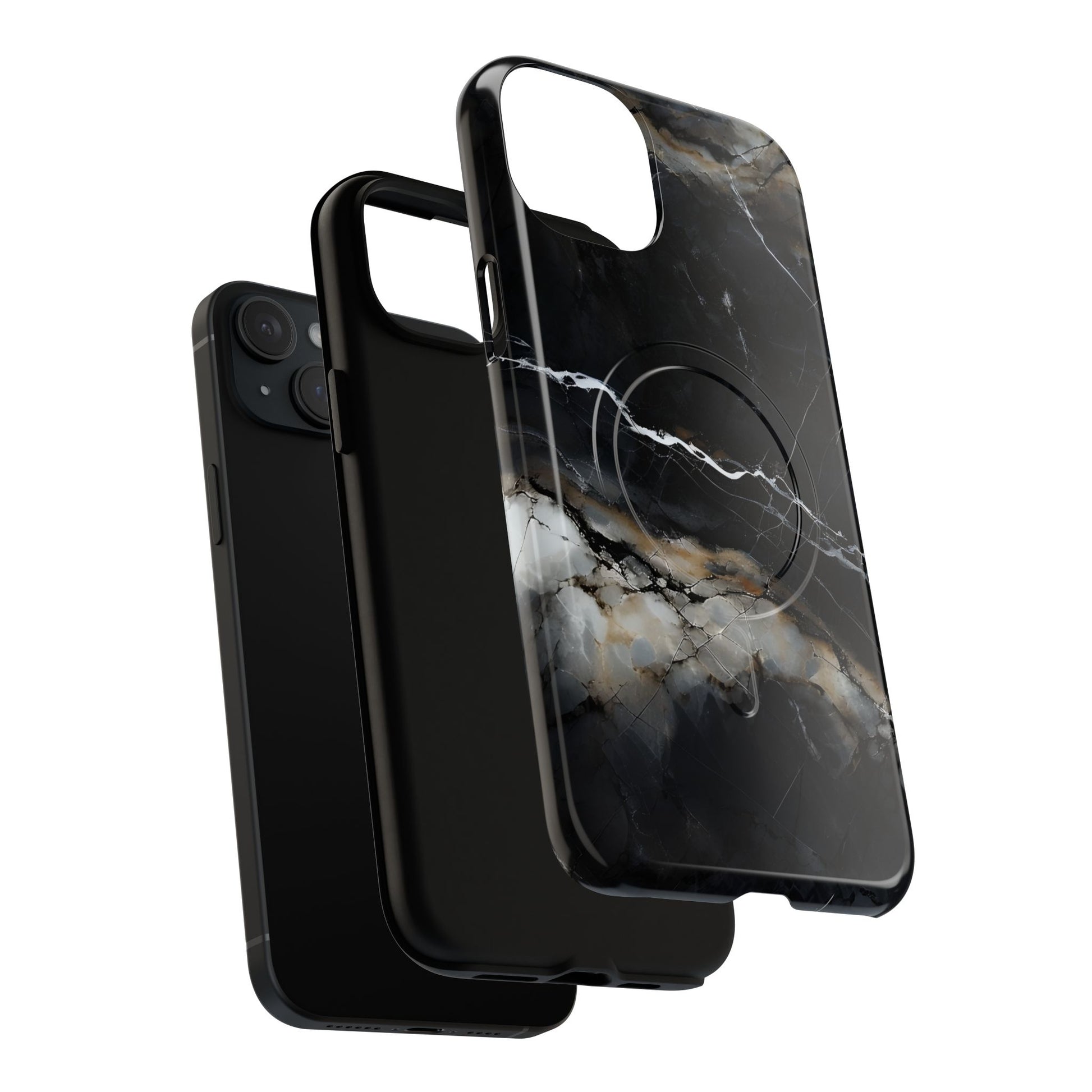 Obsidian Vein iPhone 15 Plus MagSafe Phone Case -Black Neutral Marble Design