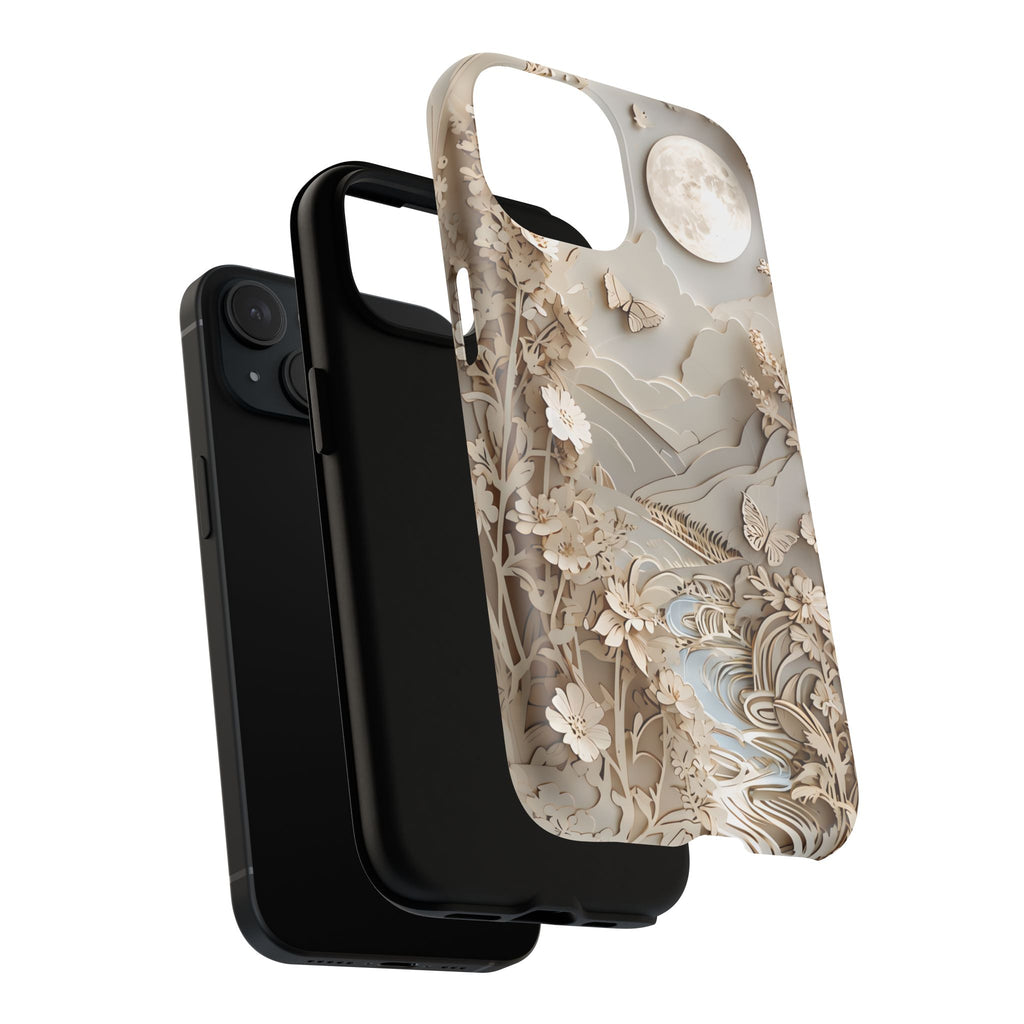Moonlit Garden - Elegant Neutral Floral iPhone 15 MagSafe Phone Case - Painterly Botanical & Moon Design