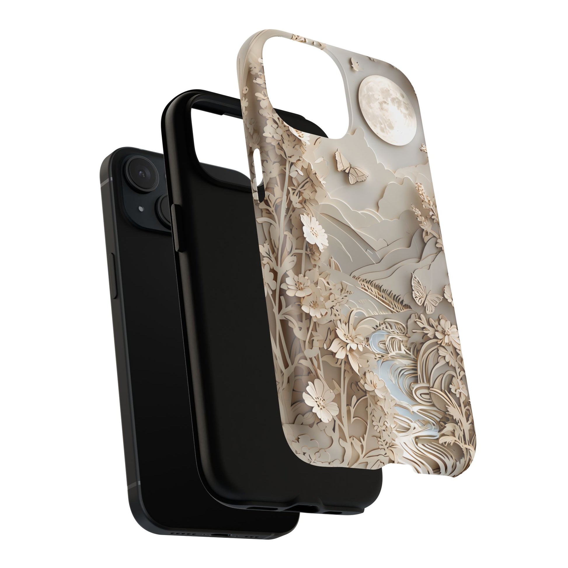 Moonlit Garden - Elegant Neutral Floral iPhone 15 MagSafe Phone Case - Painterly Botanical & Moon Design