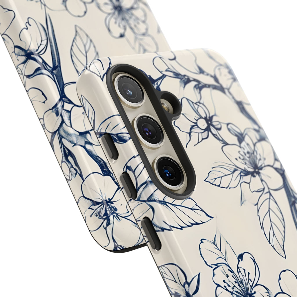Blossom Sketch - Artistic Blue Floral Samsung Galaxy S24 Tough Phone Case - Hand-Drawn Botanical Design