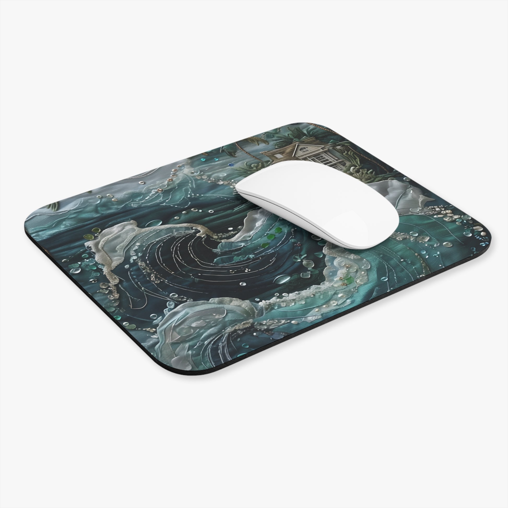 Tropical Midnight Wave mouse pad in workspace with mouse showing ocean wave design