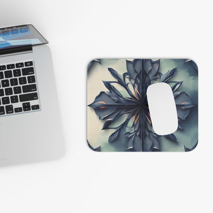 Frosted Indigo Bloom mouse pad beside laptop displaying blue floral bloom artwork