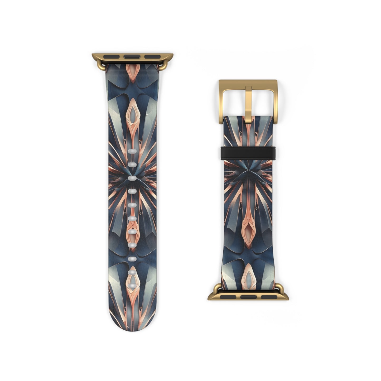 Obsidian Kaleidoscope Apple Watch band strap with gold clasp featuring bold geometric kaleidoscope design in copper and deep blue