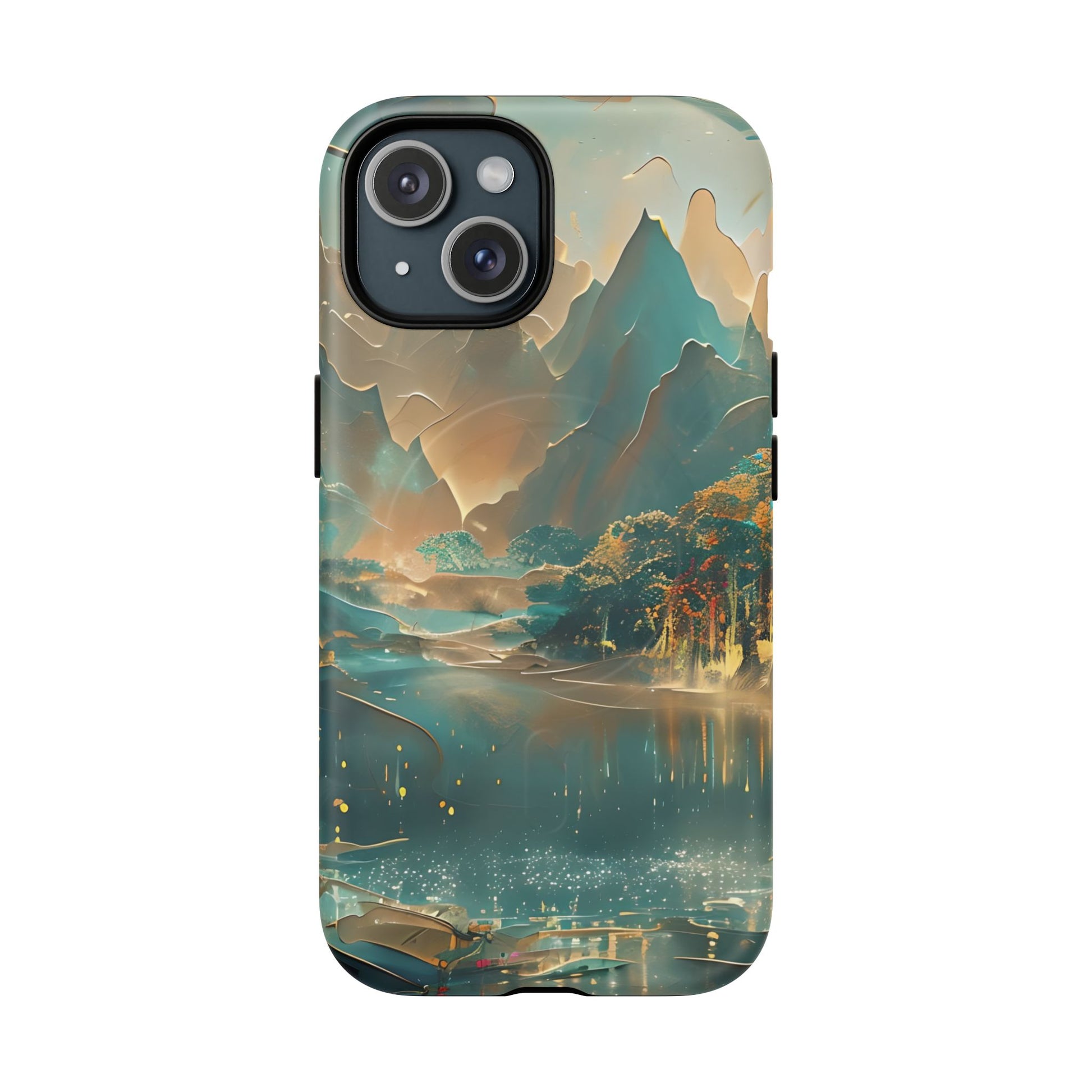 Misty Horizon - Serene Landscape Art iPhone 15 MagSafe Phone Case - Tranquil Mountain & Lake Design